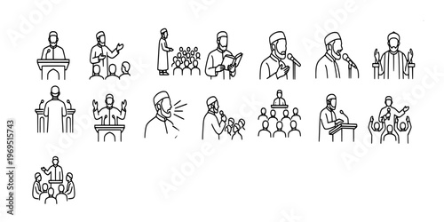 line icon collection of islamic religious activities featuring imams giving sermons, muslim men praying, reading the quran, and communal worship.