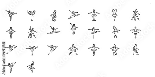 line icon collection of ballet dancers performing various artistic poses and movements including leaps, pirouettes, stretches, and graceful classical dance positions.