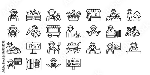 line icon collection of a farmer facing financial struggle, crop failure, debt, and economic challenges in the modern agricultural industry.