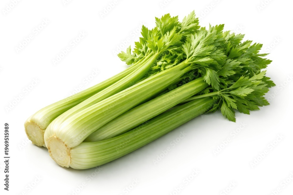 Obraz premium Fresh celery sticks with vibrant green leaves on a clean white background
