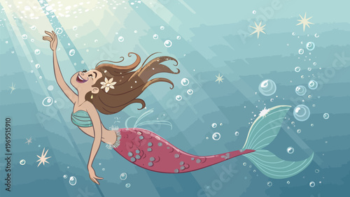 Mermaid swimming upward with sparkles and bubbles in ocean water surrounded by sunlight and sea stars magic fantasy creature