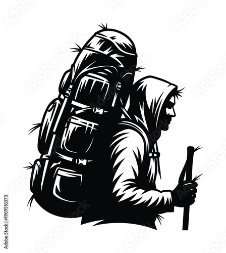 Vector of a hiker carrying a large backpack and holding a walking stick