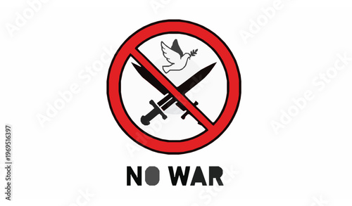 A vector graphic illustration of a no war symbol with a dove and crossed swords