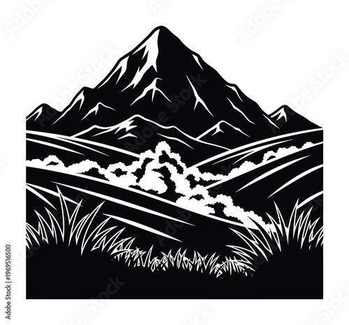 Vector of a mountain with clouds and grassy foreground