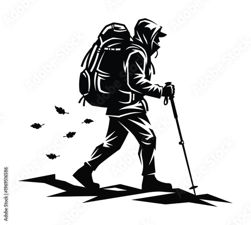 Vector of a hiker with a backpack trekking through a rugged terrain using walking sticks