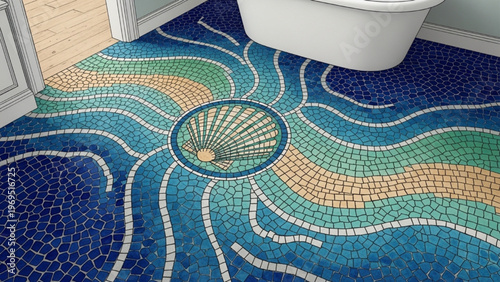 Colorful Mosaic Bathroom Floor with Ocean Wave Pattern and Seashell Design, Artistic Tile Interior Texture