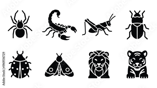 A collection of black insect and animal icons including a spider scorpion beetle and lion silhouette high quality professional detailed modern