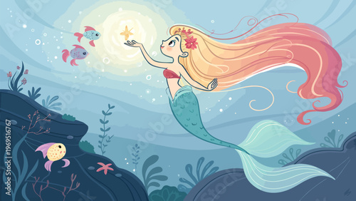 Mermaid with glowing magical aura underwater surrounded by fish and seaweed in ocean depths vector illustration