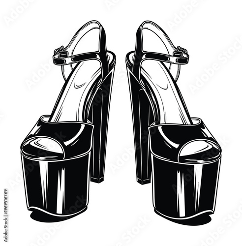 Vector of black high-heeled shoes with thick platform soles and ankle straps