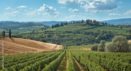 Wide field of vineyards ble...