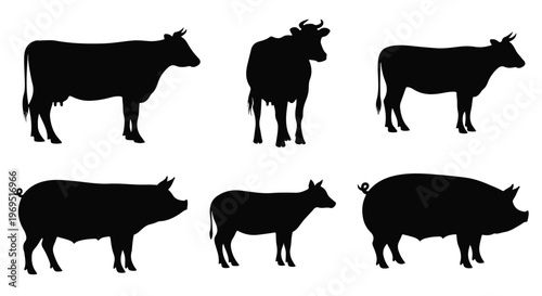 Silhouettes of various farm animals including cows and pigs, depicted in a minimalist style.