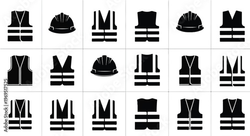 Collection of safety vests and hard hats for construction and industrial work.
