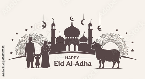 Happy Eid Al-Adha Celebration with Family and Sacrifice Animal Silhouette