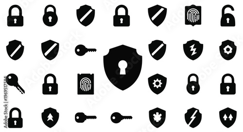 Collection of security icons featuring padlocks, shields, keys, and fingerprints.