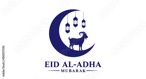 Festive illustration of a crescent moon with a goat and hanging lanterns, symbolizing a joyous Muslim holiday celebration
