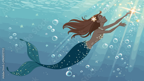 Mermaid swimming upward with sparkles and bubbles underwater fantasy ocean scene with magical lighting