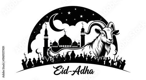 Eid al-Adha Muslim Festival Celebration with Goat and Mosque Illustration