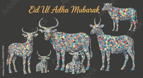 Vibrant Mosaic Livestock Illustration for Eid al-Adha Celebration and Islamic Holiday Greetings