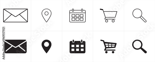 Mail, address, calendar, cart, search icon set