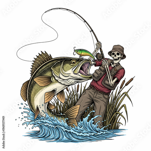 Skeleton fisherman catching big walleye fish in the river
