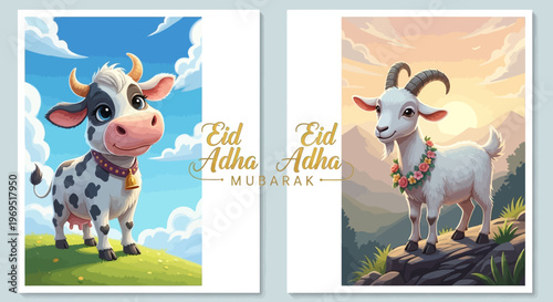 Cute cartoon cow and goat celebrating Eid al-Adha with festive decorations