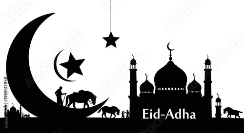 Eid al-Adha Islamic Holiday Celebration with Moon, Star, and Mosque Silhouette