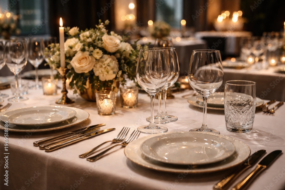 Fototapeta premium Elegant Dining Table Set for Formal Meal with Glassware and Floral Centerpiece