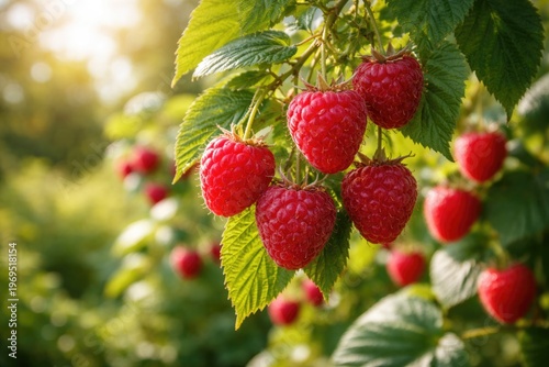 Ripe red raspberries hangin...