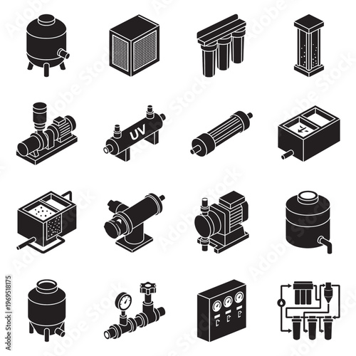 Microplastic water filtration unit, black silhouette icons