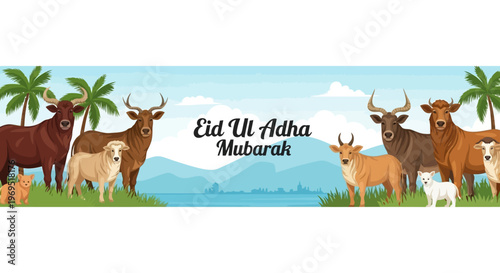 Vibrant Vector Illustration of Livestock Animals in a Serene Landscape for an Islamic Festive Celebration Banner