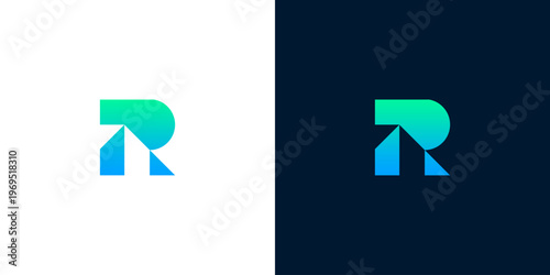 Modern letter R logo design concept, with upward arrow incorporated, symbolizing growth and progress, in vibrant gradient colors on white and dark backgrounds