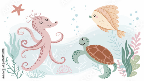 Underwater scene with smiling octopus turtle seahorse and fish among coral and seaweed ocean creatures
