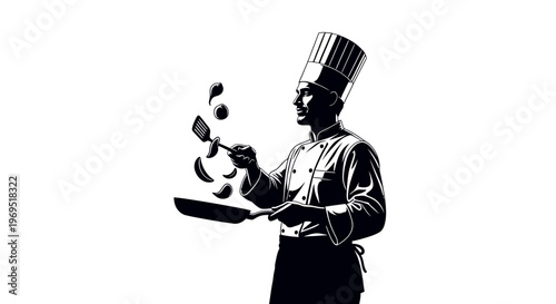 Silhouette Chef Tossing Food in Frying Pan with Spatula, Professional Cooking