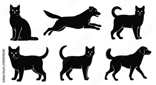 Black silhouettes of various cats and dogs in different poses.