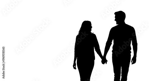 Silhouette Couple Holding Hands Walking Together, Romantic Love and Connection