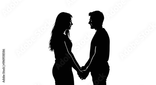 Silhouette Couple Holding Hands, Facing Each Other, Romantic Connection, White Background