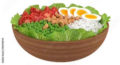 Healthy Salad Bowl with Rice, Eggs, Peas, Tomatoes, Cashews, and Lettuce