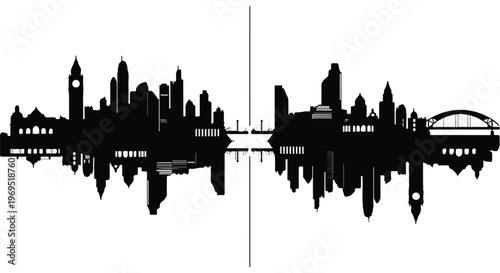 Sleek black silhouette of a vibrant cityscape reflected in water, symbolizing urban growth and modern architecture.