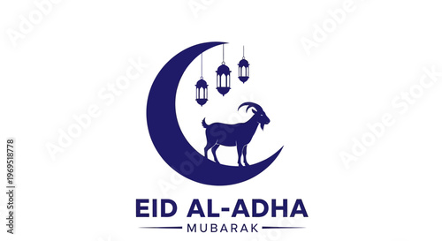 Eid Al-Adha Mubarak greeting with a goat on a crescent moon and lanterns