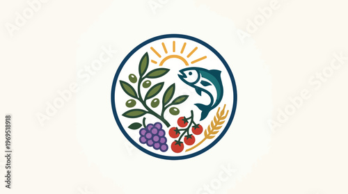 Healthy Food Emblem with Olive Branch Fish and Grapes