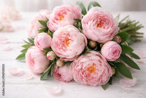 Close up view of an elegant pink peony bouquet on white wooden backdrop for festive celebrations