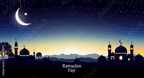 Mesmerizing crescent moon and star illuminate an Islamic cityscape silhouette at dawn, evoking tranquility and spiritual awakening