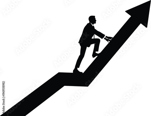 Businessman climbing upward arrow showing growth success progress determination and ambition 