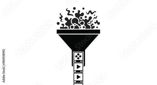 Abstract representation of data filtering or processing through a funnel with digital elements.