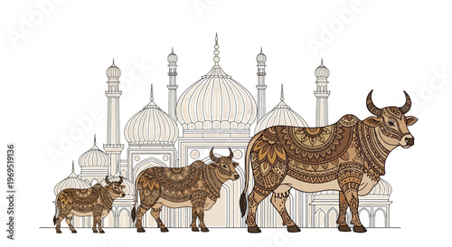 Cultural Growth Journey Decorative Indian Zebu Cattle Illustration from Calf to Adult Against a Detailed Mughal Architecture Backdrop