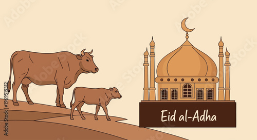 Joyful Eid al-Adha concept illustration featuring a mother cow and her calf near an elegant mosque, symbolizing sacrifice and devotion