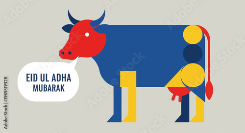 Vibrant Geometric Cow with Eid al-Adha Mubarak Greeting Speech Bubble, Celebrating the Festival of Sacrifice with Modern Flat Design