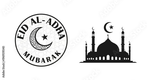 Islamic holiday symbols set with a mosque silhouette and Eid al-Adha Mubarak emblem for festive celebration
