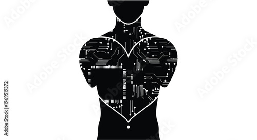 Digital heart inside human silhouette, symbolizing technology and emotion