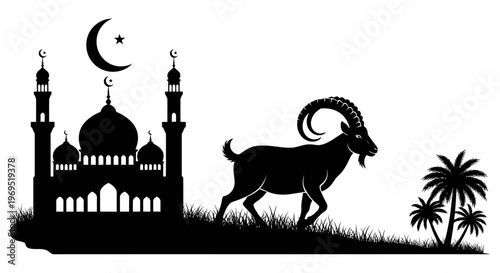Eid al-Adha celebration with mosque and mountain goat silhouette, symbolizing an important Islamic holiday and animal sacrifice